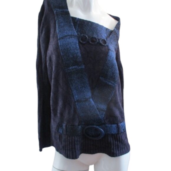 Moffi Unique Knit Sweater โ Asymmetrical Neckline & Faux Belt Detail (Size L) - Picture 4 of 16